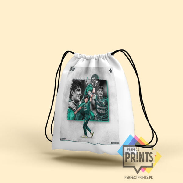 Elevate Your Cricket Love with the Naseem Shah Signature Drawstring bag 14 By 16 | Perfect Prints
